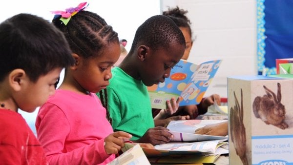 young students studying geodes books