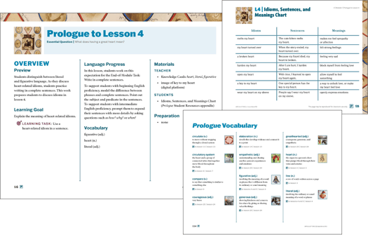 Arts & Letters Prologue sample pages, including Overview; Idioms, Sentences, and Meaning Chart; and Vocabulary.