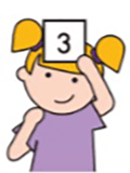 Cartoon image of a child with long hair in ponytails and a purple shirt. They are holding up a card with the number three on it to the forehead.