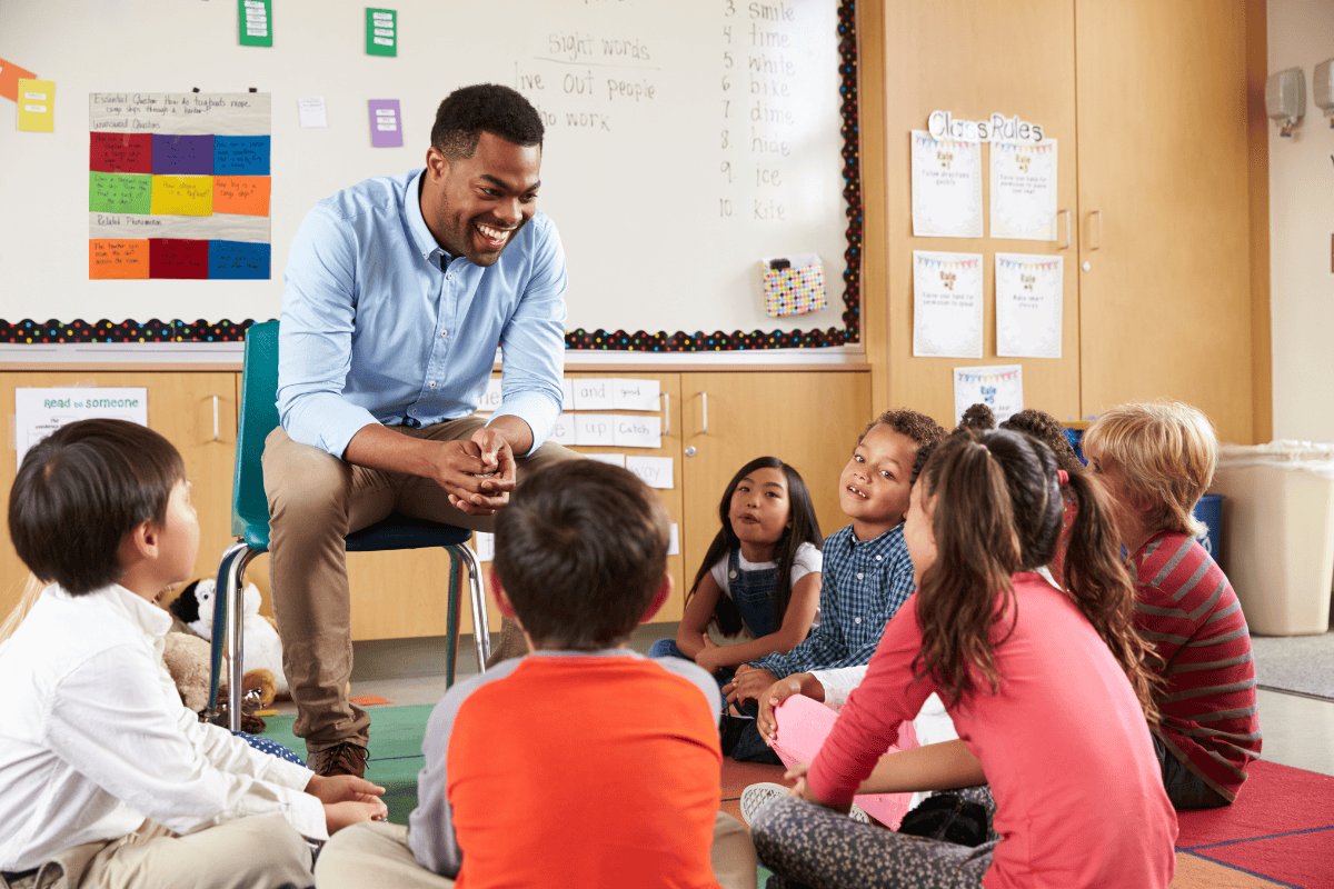Teacher having a discussion with students sitting on the floor of the classroom
